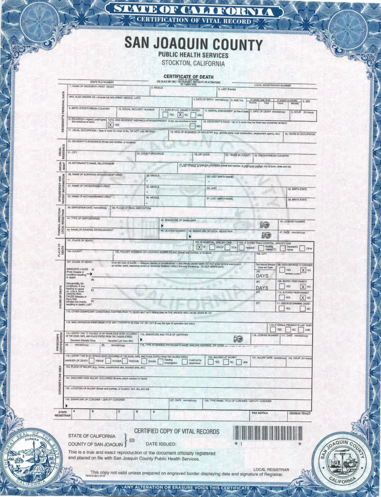Ejemplo de certificado de defunción en Estados Unidos, traducido y certificado