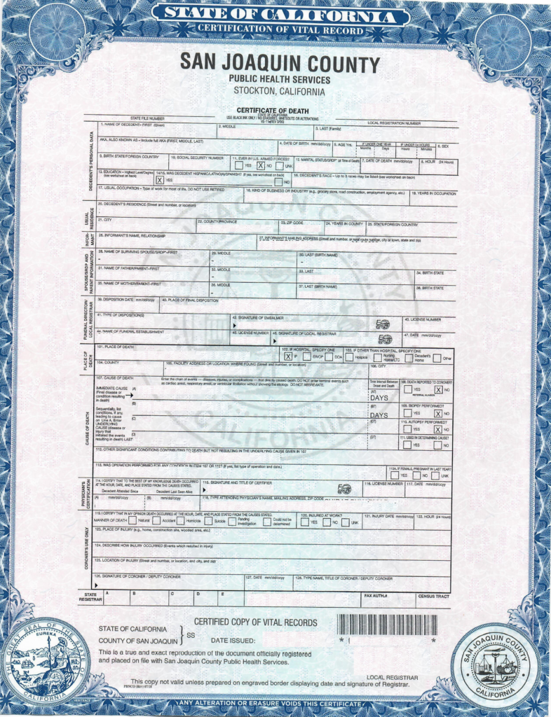 Ejemplo de certificado de defunción en Estados Unidos, traducido y certificado